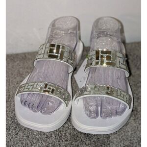 ONCAI Womens White Rhinestone Slide Sandals Silver Mirror Glam Bling 8.5 NWT